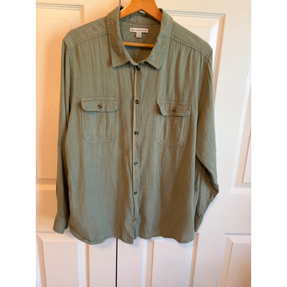 American Eagle Outfitters Womens XL Olive Green Button Down Blouse Long Sleeve
